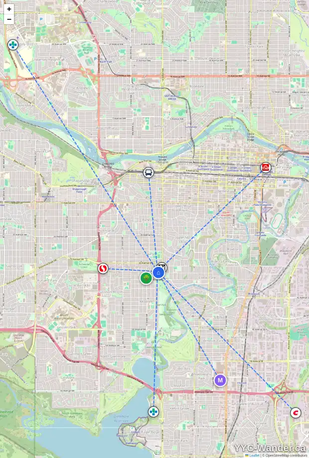 Daily accessibility map for 3701 14A ST SW, Calgary showing nearby schools, grocery stores, parks, LRT stations and nearby amenities