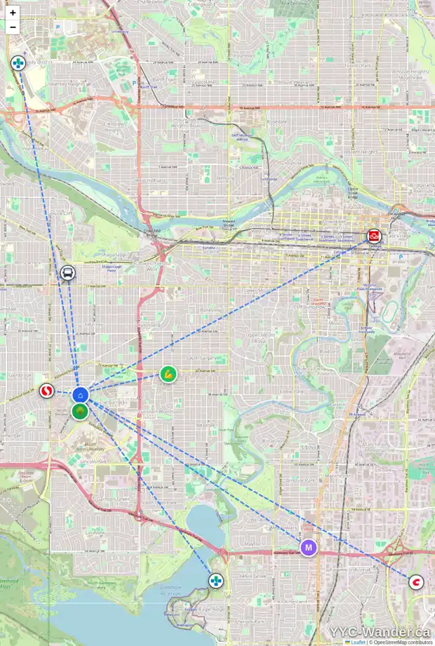 Daily accessibility map for 3812 31 ST SW, Calgary showing nearby schools, grocery stores, parks, LRT stations and nearby amenities