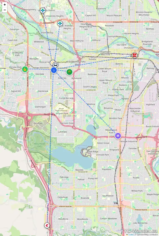 Daily accessibility map for 1927 35 ST SW, Calgary showing nearby schools, grocery stores, parks, LRT stations and nearby amenities