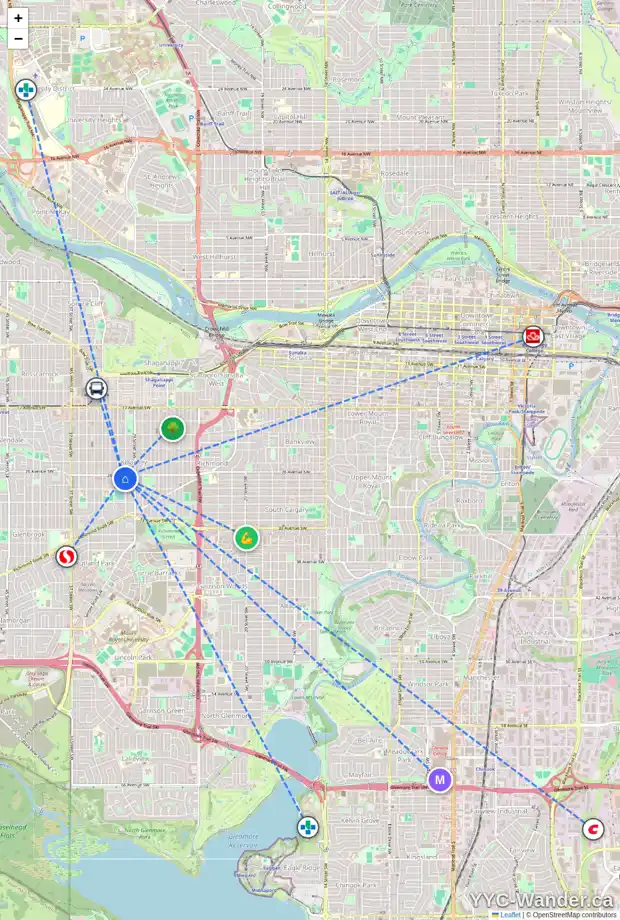 Daily accessibility map for 2803 30 ST SW, Calgary showing nearby schools, grocery stores, parks, LRT stations and nearby amenities