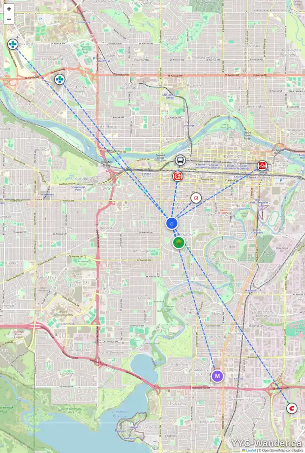 Daily accessibility map for 1228 PROSPECT AV SW, Calgary showing nearby schools, grocery stores, parks, LRT stations and nearby amenities