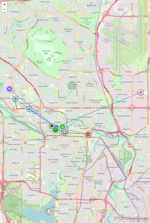 Daily accessibility map for 1708 BOWNESS RD NW, Calgary showing nearby schools, grocery stores, parks, LRT stations and nearby amenities