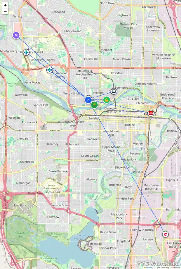 Daily accessibility map for 1910 WESTMOUNT RD NW, Calgary showing nearby schools, grocery stores, parks, LRT stations and nearby amenities