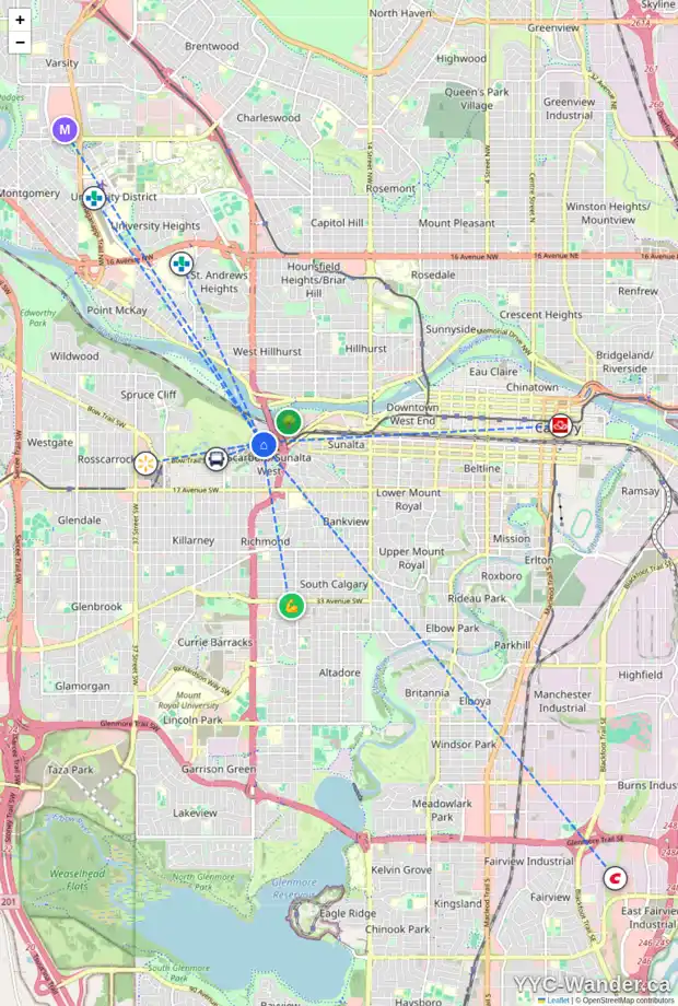 Daily accessibility map for 2415 SOVEREIGN CR SW, Calgary showing nearby schools, grocery stores, parks, LRT stations and nearby amenities