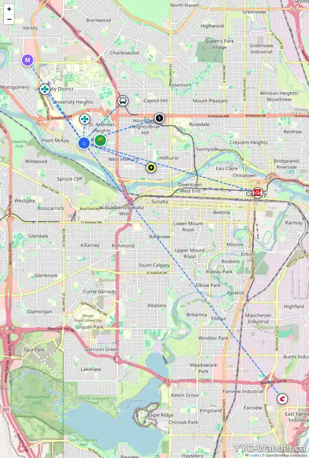 Daily accessibility map for 739 33 ST NW, Calgary showing nearby schools, grocery stores, parks, LRT stations and nearby amenities