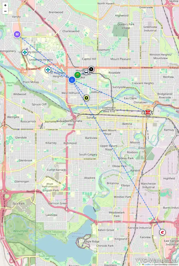 Daily accessibility map for 2204 JUNIPER RD NW, Calgary showing nearby schools, grocery stores, parks, LRT stations and nearby amenities