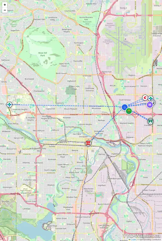 Daily accessibility map for 306 2211 19 ST NE, Calgary showing nearby schools, grocery stores, parks, LRT stations and nearby amenities