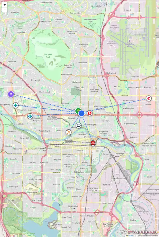 Daily accessibility map for 423 18 AV NW, Calgary showing nearby schools, grocery stores, parks, LRT stations and nearby amenities