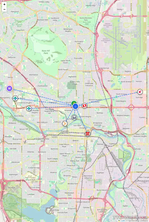 Daily accessibility map for 532 17 AV NW, Calgary showing nearby schools, grocery stores, parks, LRT stations and nearby amenities