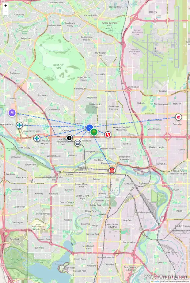 Daily accessibility map for 815 23 AV NW, Calgary showing nearby schools, grocery stores, parks, LRT stations and nearby amenities