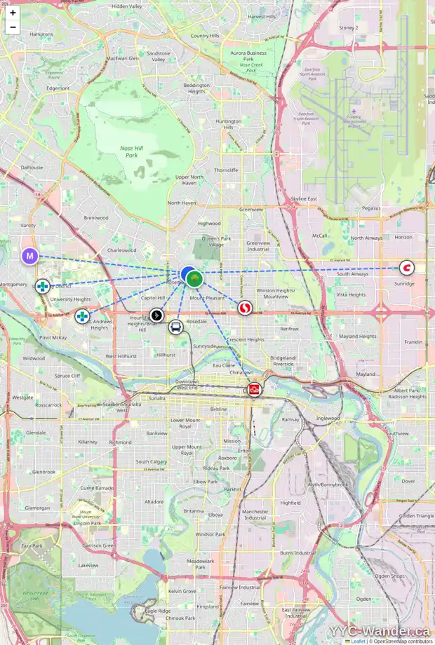 Daily accessibility map for 17 ROSERY DR NW, Calgary showing nearby schools, grocery stores, parks, LRT stations and nearby amenities