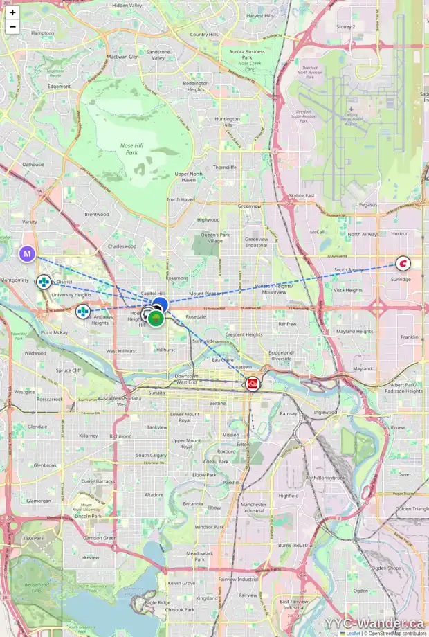 Daily accessibility map for 1626 17 AV NW, Calgary showing nearby schools, grocery stores, parks, LRT stations and nearby amenities