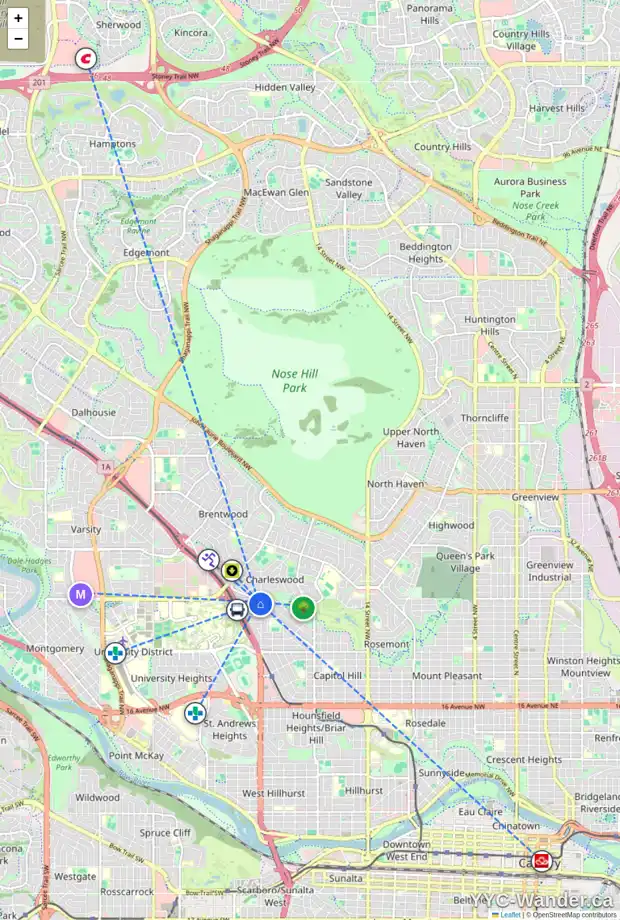 Daily accessibility map for 3408 MORLEY TR NW, Calgary showing nearby schools, grocery stores, parks, LRT stations and nearby amenities