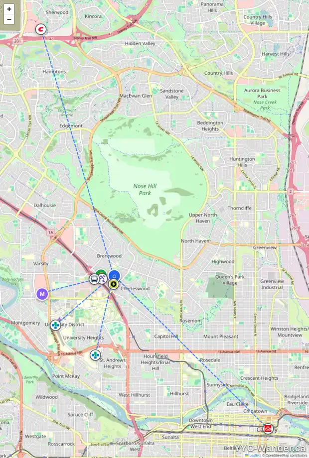 Daily accessibility map for 3811 BRANTFORD DR NW, Calgary showing nearby schools, grocery stores, parks, LRT stations and nearby amenities