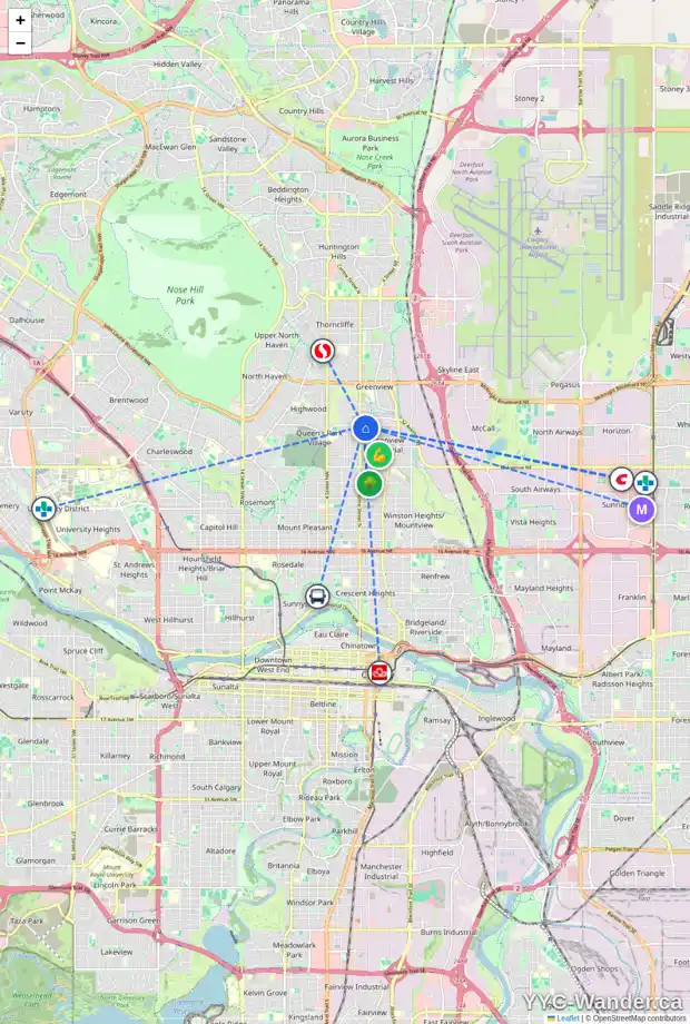 Daily accessibility map for 107 40 AV NE, Calgary showing nearby schools, grocery stores, parks, LRT stations and nearby amenities