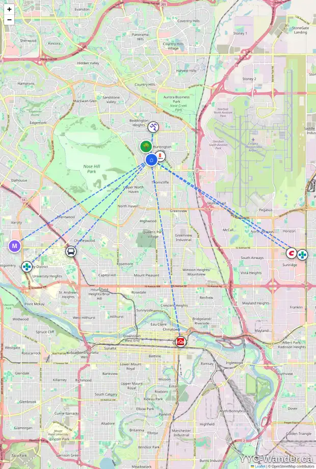 Daily accessibility map for 7108 HUNTERVILLE RD NW, Calgary showing nearby schools, grocery stores, parks, LRT stations and nearby amenities
