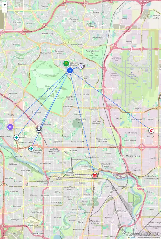 Daily accessibility map for 130 HUNTERBROOK PL NW, Calgary showing nearby schools, grocery stores, parks, LRT stations and nearby amenities