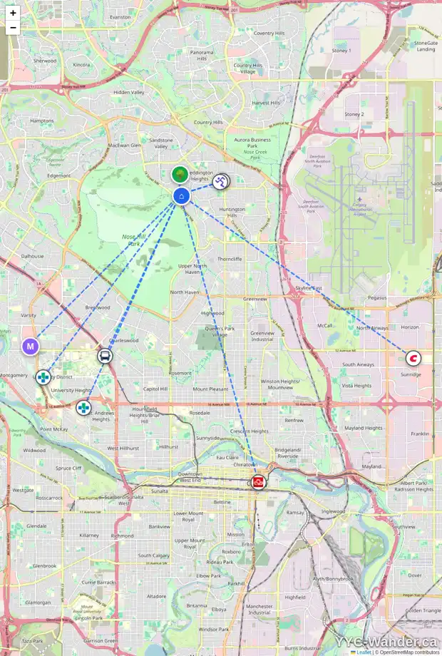 Daily accessibility map for 1469 HUNTERBROOK RD NW, Calgary showing nearby schools, grocery stores, parks, LRT stations and nearby amenities