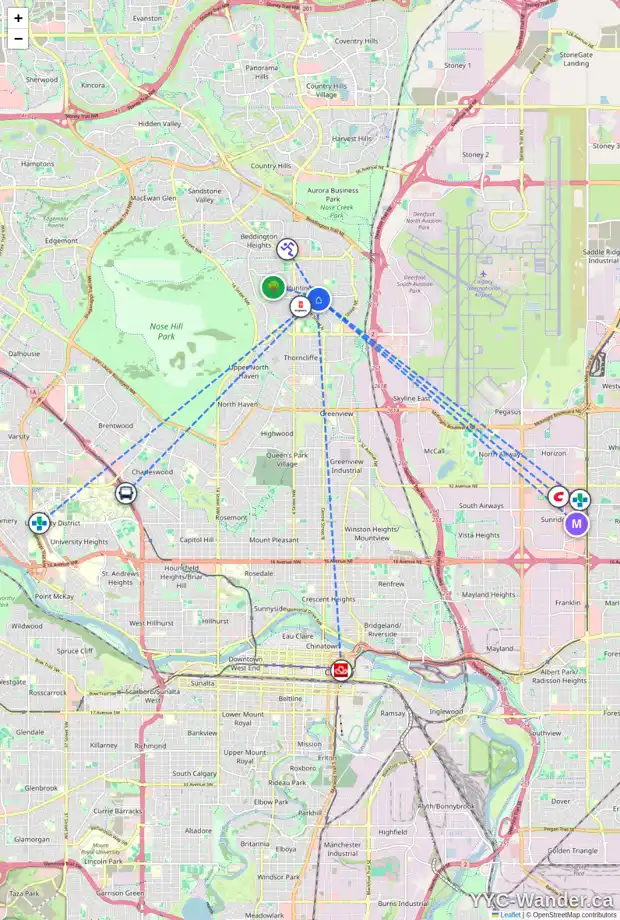 Daily accessibility map for 172 HUNTFORD RD NE, Calgary showing nearby schools, grocery stores, parks, LRT stations and nearby amenities