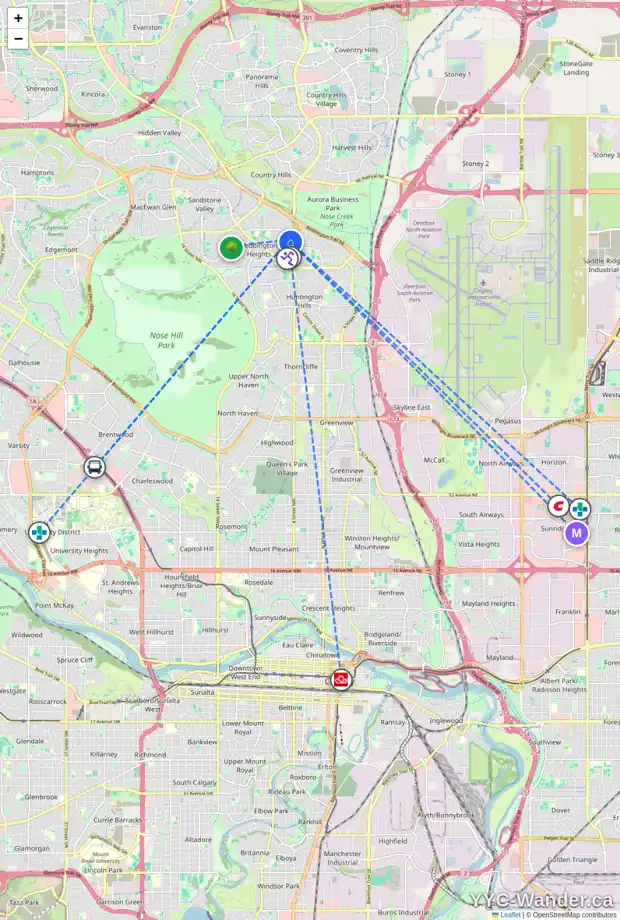 Daily accessibility map for 8 BERGEN PL NW, Calgary showing nearby schools, grocery stores, parks, LRT stations and nearby amenities