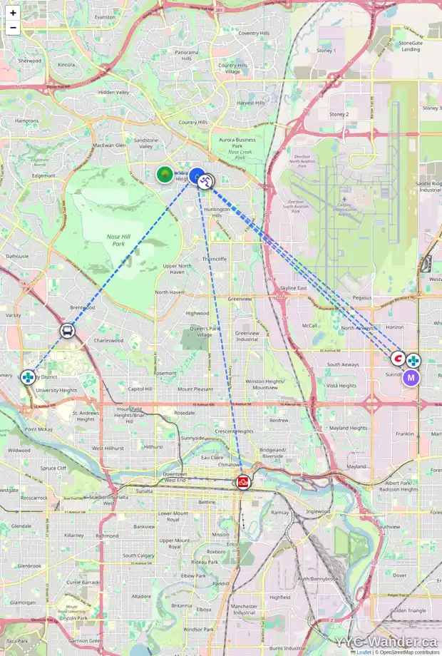 Daily accessibility map for 64 BERMUDA CO NW, Calgary showing nearby schools, grocery stores, parks, LRT stations and nearby amenities