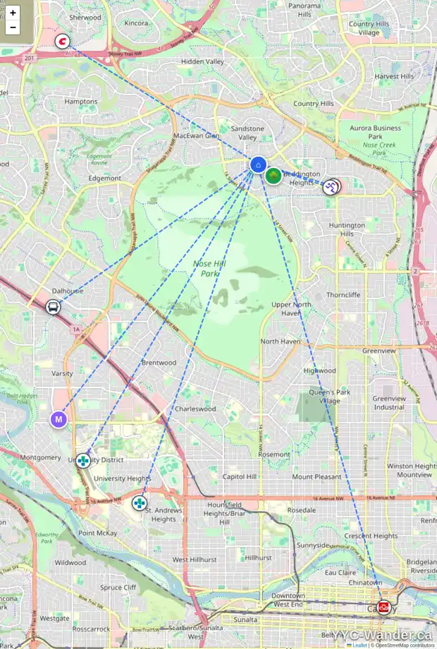 Daily accessibility map for 11 BEARBERRY PL NW, Calgary showing nearby schools, grocery stores, parks, LRT stations and nearby amenities