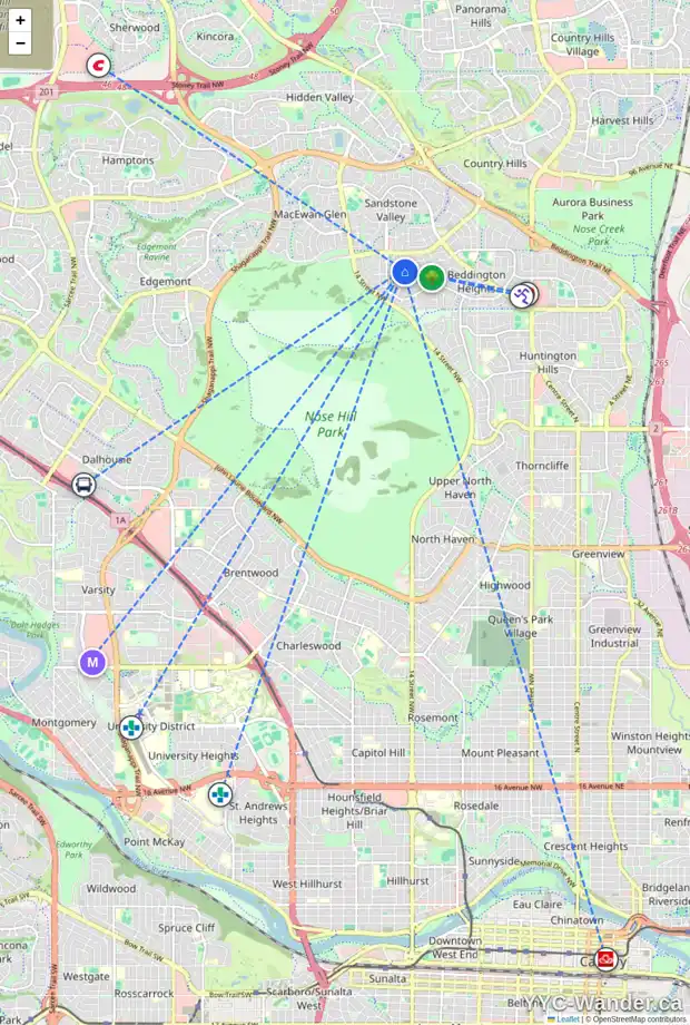 Daily accessibility map for 299 BERWICK DR NW, Calgary showing nearby schools, grocery stores, parks, LRT stations and nearby amenities