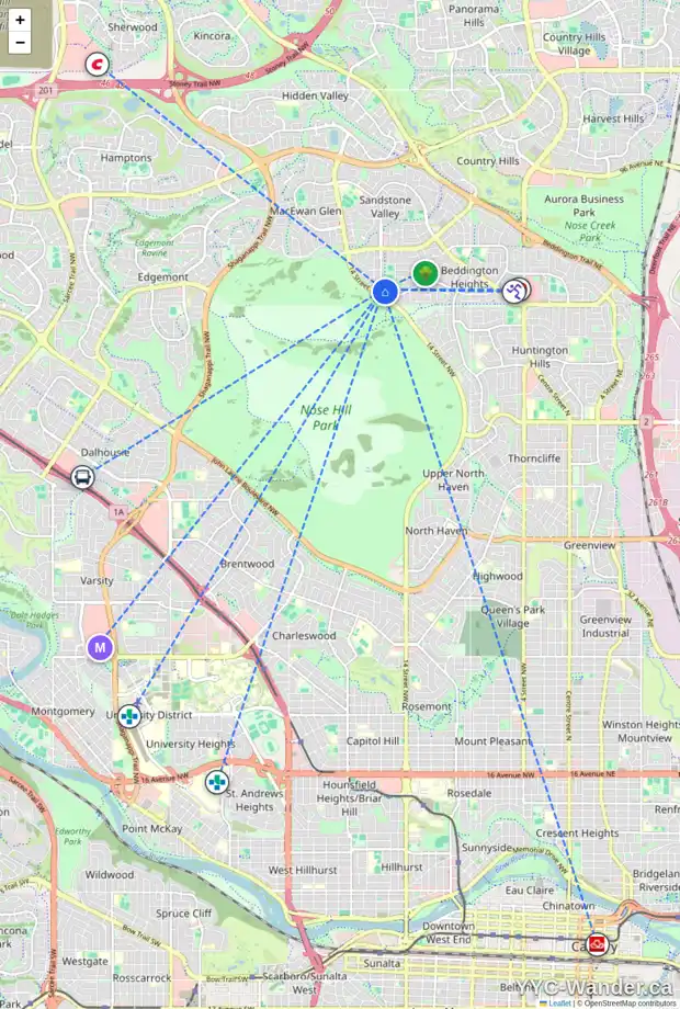 Daily accessibility map for 1335 BERKLEY DR NW, Calgary showing nearby schools, grocery stores, parks, LRT stations and nearby amenities