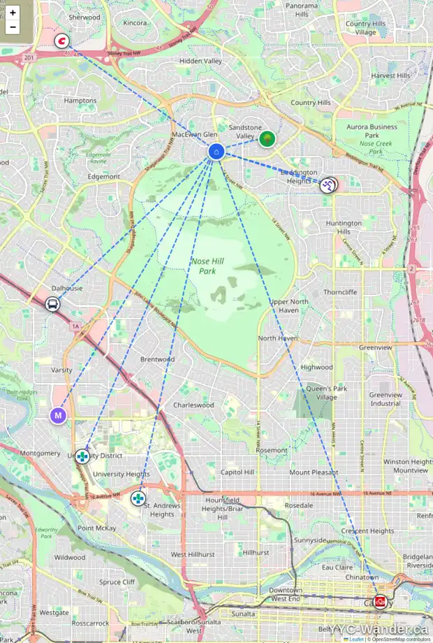 Daily accessibility map for 25 MACEWAN GLEN CL NW, Calgary showing nearby schools, grocery stores, parks, LRT stations and nearby amenities
