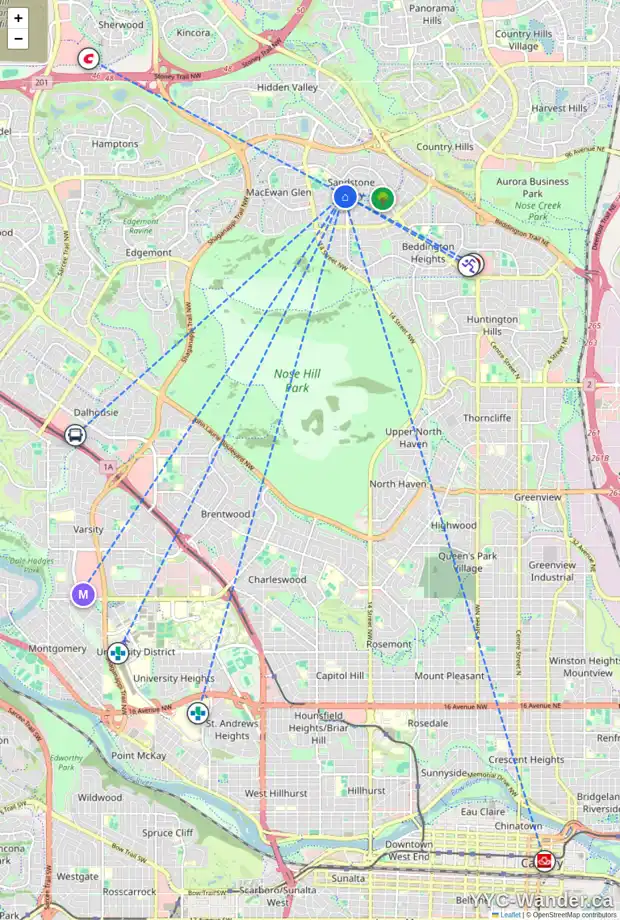 Daily accessibility map for 176 SANDRINGHAM CL NW, Calgary showing nearby schools, grocery stores, parks, LRT stations and nearby amenities