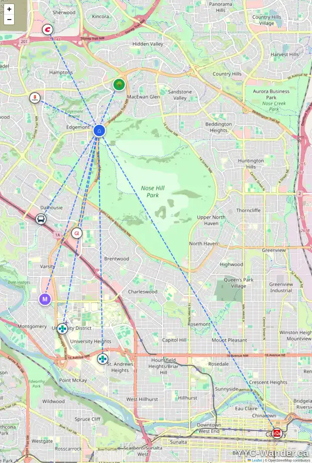 Daily accessibility map for 36 EDGEBROOK RD NW, Calgary showing nearby schools, grocery stores, parks, LRT stations and nearby amenities