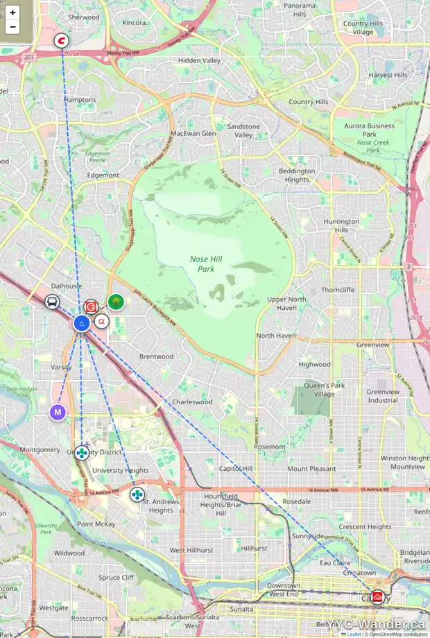 Daily accessibility map for 902 4935 DALTON DR NW, Calgary showing nearby schools, grocery stores, parks, LRT stations and nearby amenities