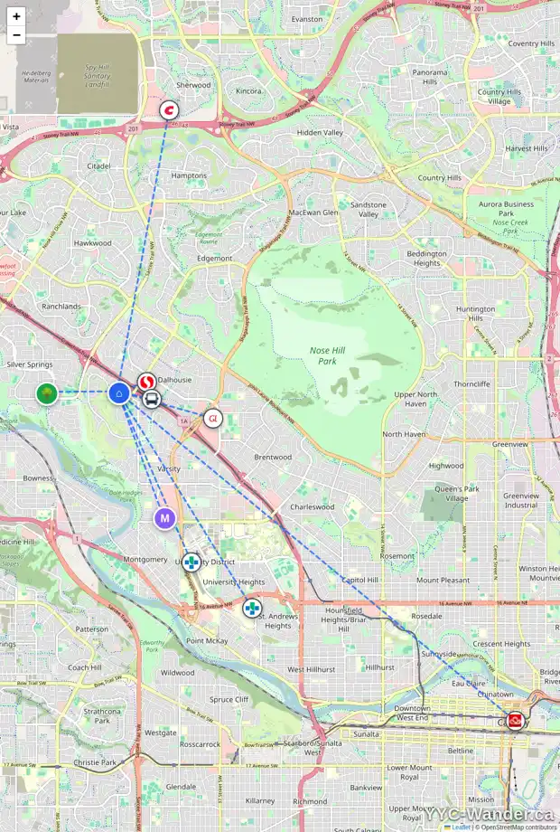Daily accessibility map for 1036 VARSITY ESTATES DR NW, Calgary showing nearby schools, grocery stores, parks, LRT stations and nearby amenities