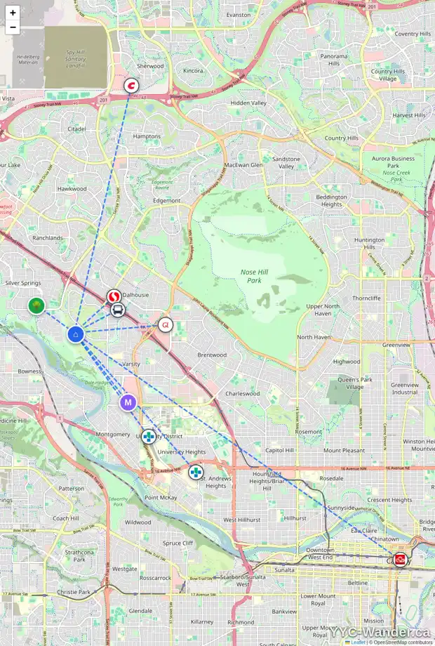 Daily accessibility map for 1017 VARSITY ESTATES PL NW, Calgary showing nearby schools, grocery stores, parks, LRT stations and nearby amenities