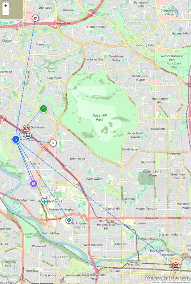 Daily accessibility map for 126 VARSITY ESTATES BA NW, Calgary showing nearby schools, grocery stores, parks, LRT stations and nearby amenities