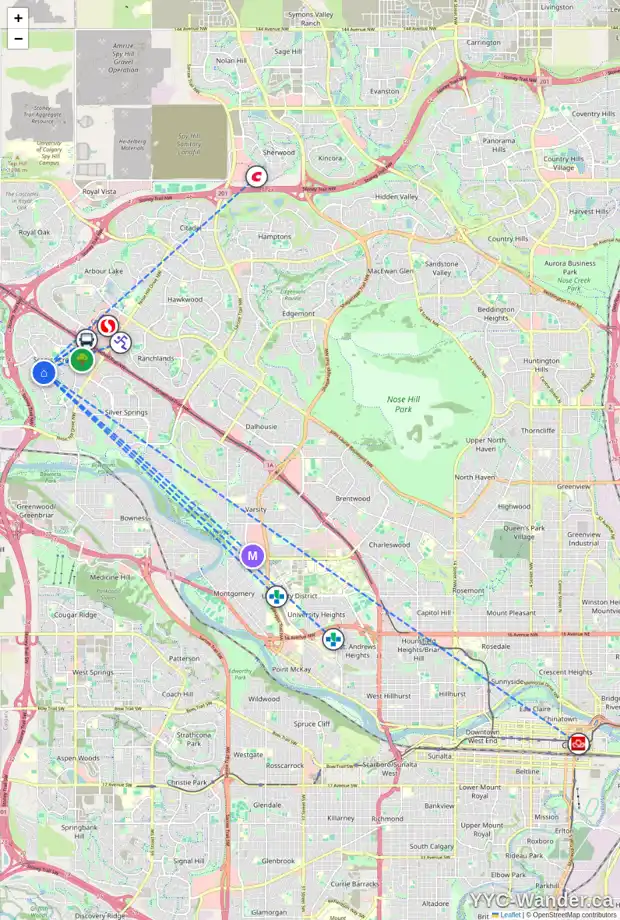Daily accessibility map for 147 SCENIC HILL CL NW, Calgary showing nearby schools, grocery stores, parks, LRT stations and nearby amenities
