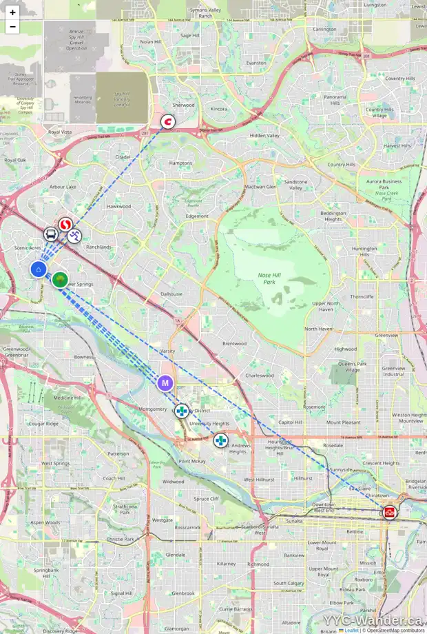 Daily accessibility map for 51 SCENIC GLEN CR NW, Calgary showing nearby schools, grocery stores, parks, LRT stations and nearby amenities