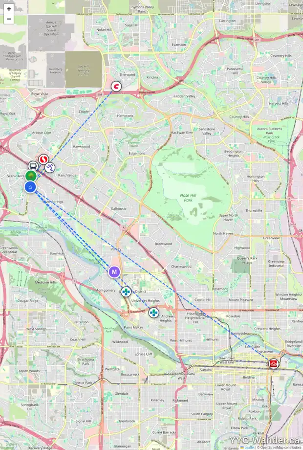 Daily accessibility map for 43 SCENIC RD NW, Calgary showing nearby schools, grocery stores, parks, LRT stations and nearby amenities