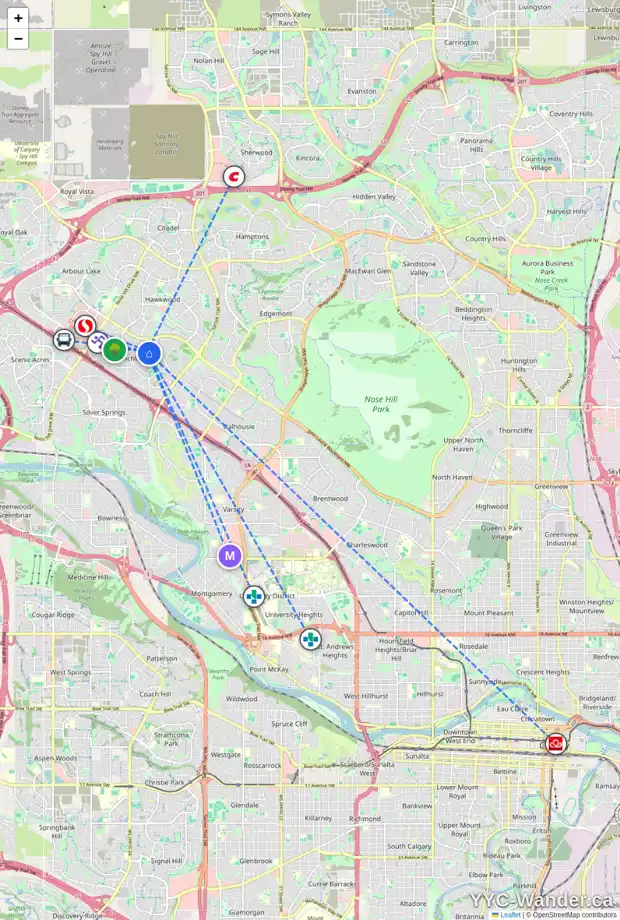 Daily accessibility map for 35 RANCHRIDGE RD NW, Calgary showing nearby schools, grocery stores, parks, LRT stations and nearby amenities