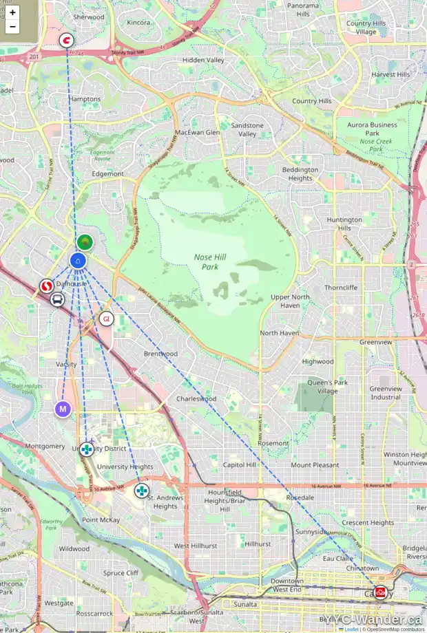 Daily accessibility map for 6616 DALCROFT HL NW, Calgary showing nearby schools, grocery stores, parks, LRT stations and nearby amenities