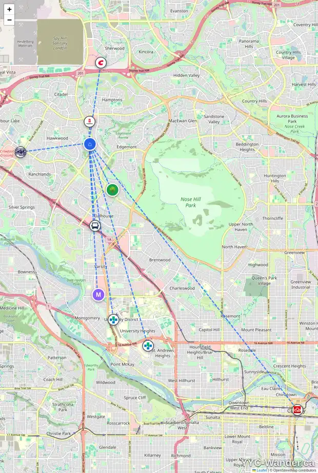 Daily accessibility map for 115 HAWKHILL PL NW, Calgary showing nearby schools, grocery stores, parks, LRT stations and nearby amenities