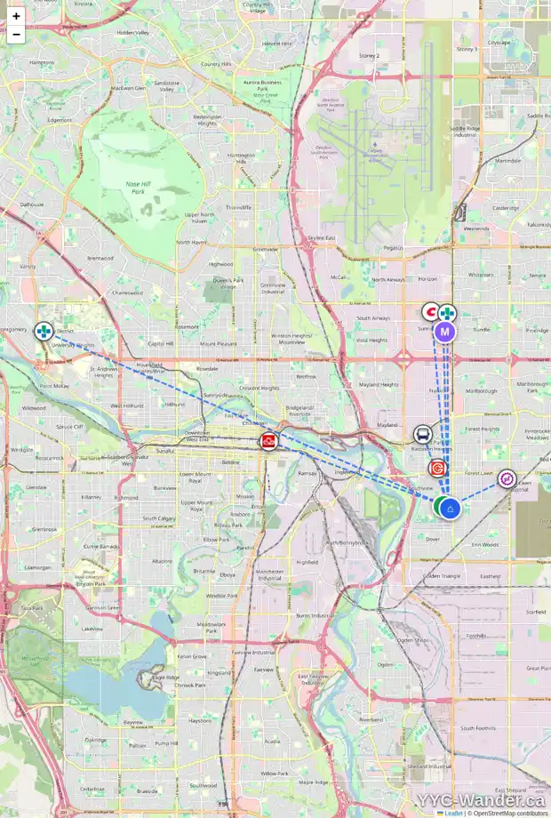 Daily accessibility map for 3615 27A AV SE, Calgary showing nearby schools, grocery stores, parks, LRT stations and nearby amenities