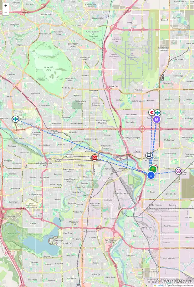 Daily accessibility map for 2059 COTTONWOOD CR SE, Calgary showing nearby schools, grocery stores, parks, LRT stations and nearby amenities