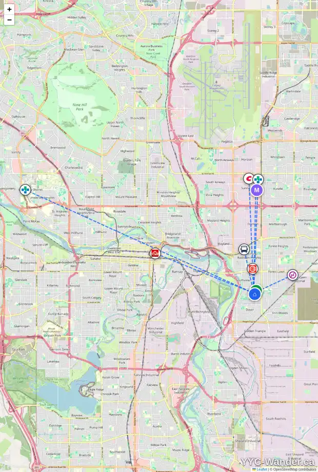 Daily accessibility map for 3026 31A ST SE, Calgary showing nearby schools, grocery stores, parks, LRT stations and nearby amenities