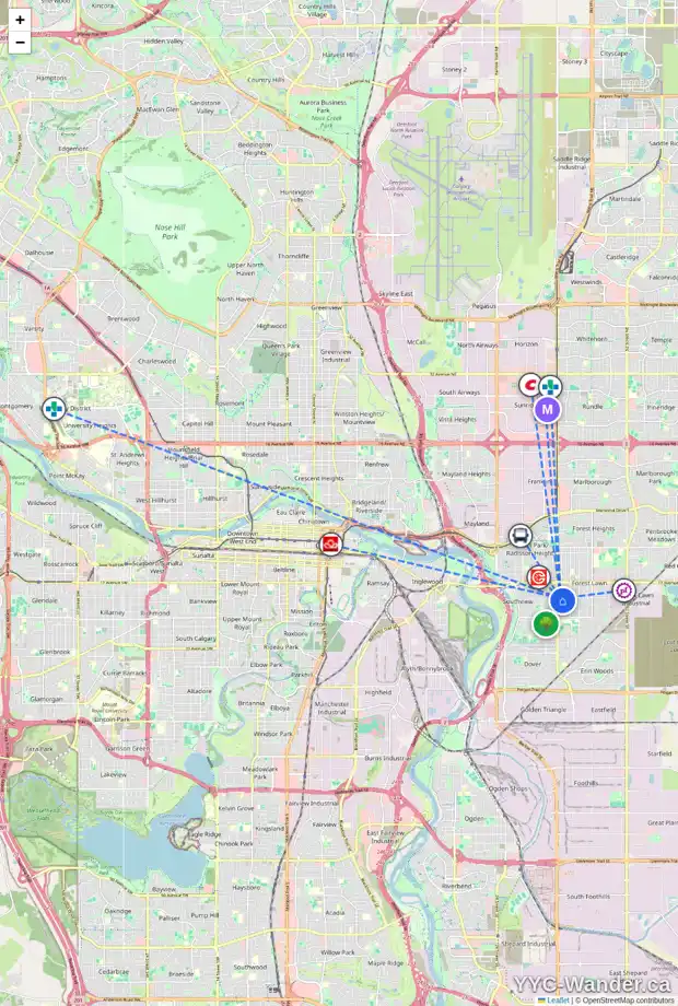 Daily accessibility map for 3735 21 AV SE, Calgary showing nearby schools, grocery stores, parks, LRT stations and nearby amenities