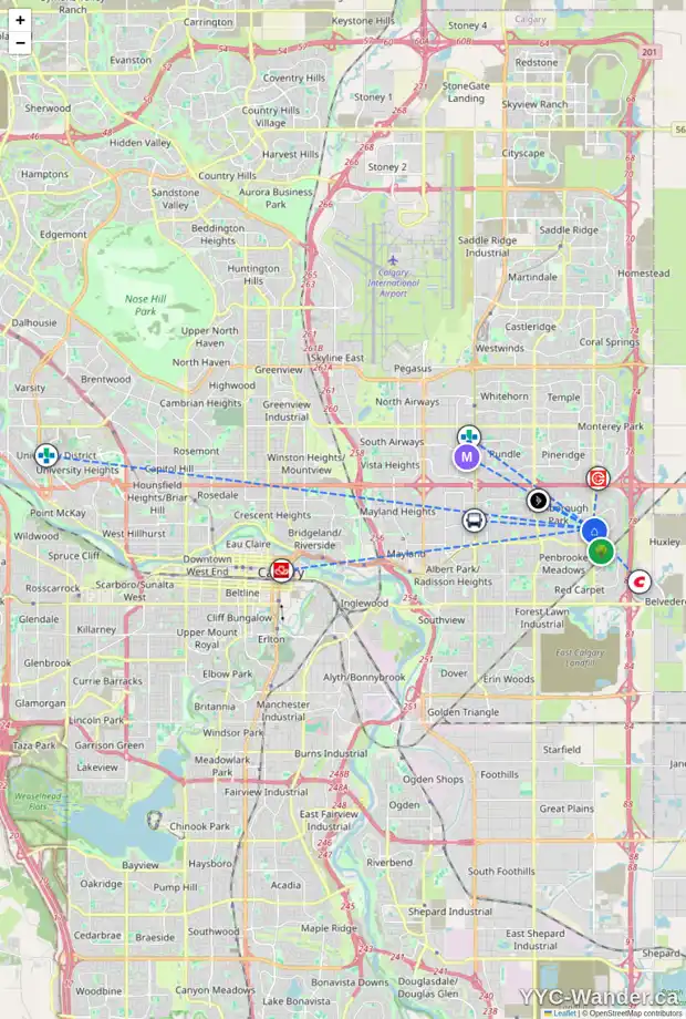 Daily accessibility map for 511 68 ST NE, Calgary showing nearby schools, grocery stores, parks, LRT stations and nearby amenities