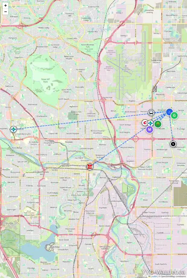 Daily accessibility map for 127 WHITESIDE CR NE, Calgary showing nearby schools, grocery stores, parks, LRT stations and nearby amenities