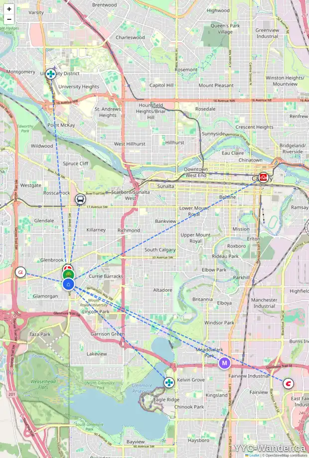 Daily accessibility map for 32 GISSING DR SW, Calgary showing nearby schools, grocery stores, parks, LRT stations and nearby amenities