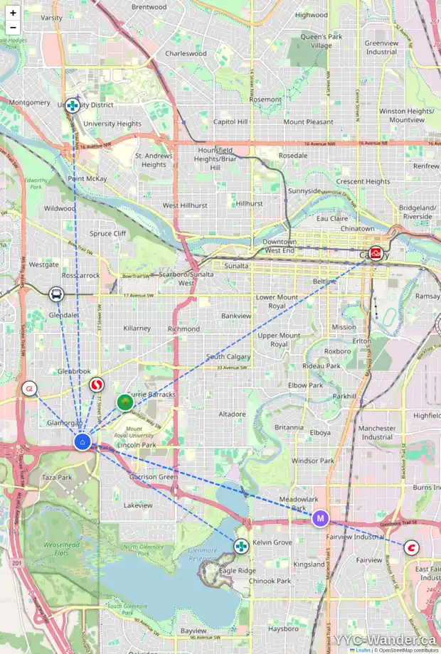 Daily accessibility map for 81 GLACIER DR SW, Calgary showing nearby schools, grocery stores, parks, LRT stations and nearby amenities