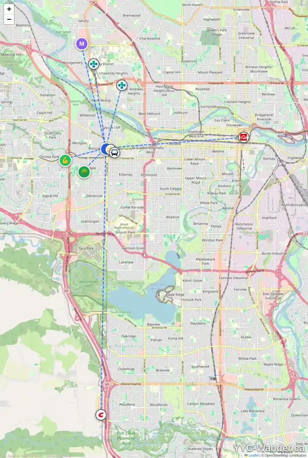 Daily accessibility map for 3812 13 AV SW, Calgary showing nearby schools, grocery stores, parks, LRT stations and nearby amenities